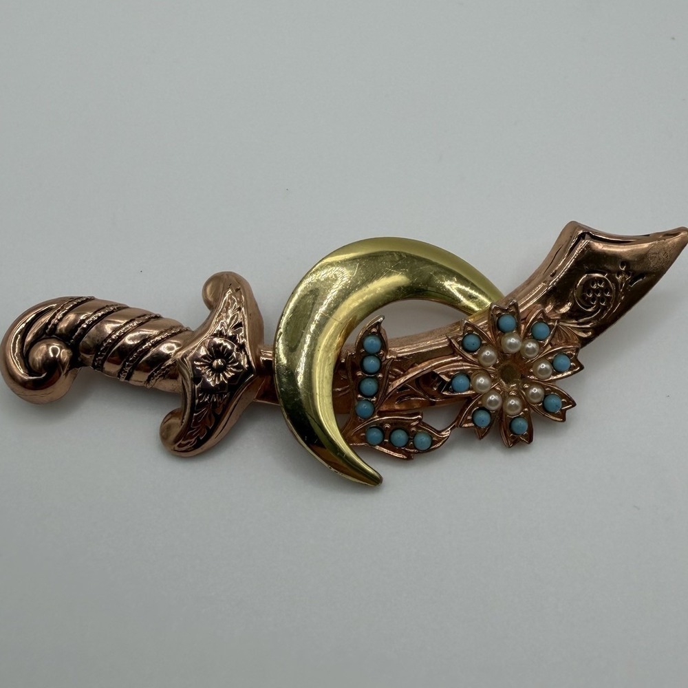 Vintage 1940s Sterling by Coro Vermeil Scimitar Sword Crescent Moon Brooch Pin